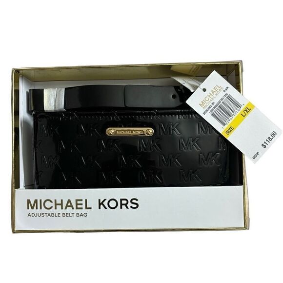 Michael Kors MK Logo Debossed Adjustable Belt Bag Patent Leather Black L/XL - Picture 13 of 13